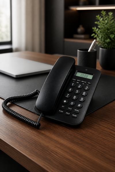 telefono linia , con pantalla , suono , blanco y n